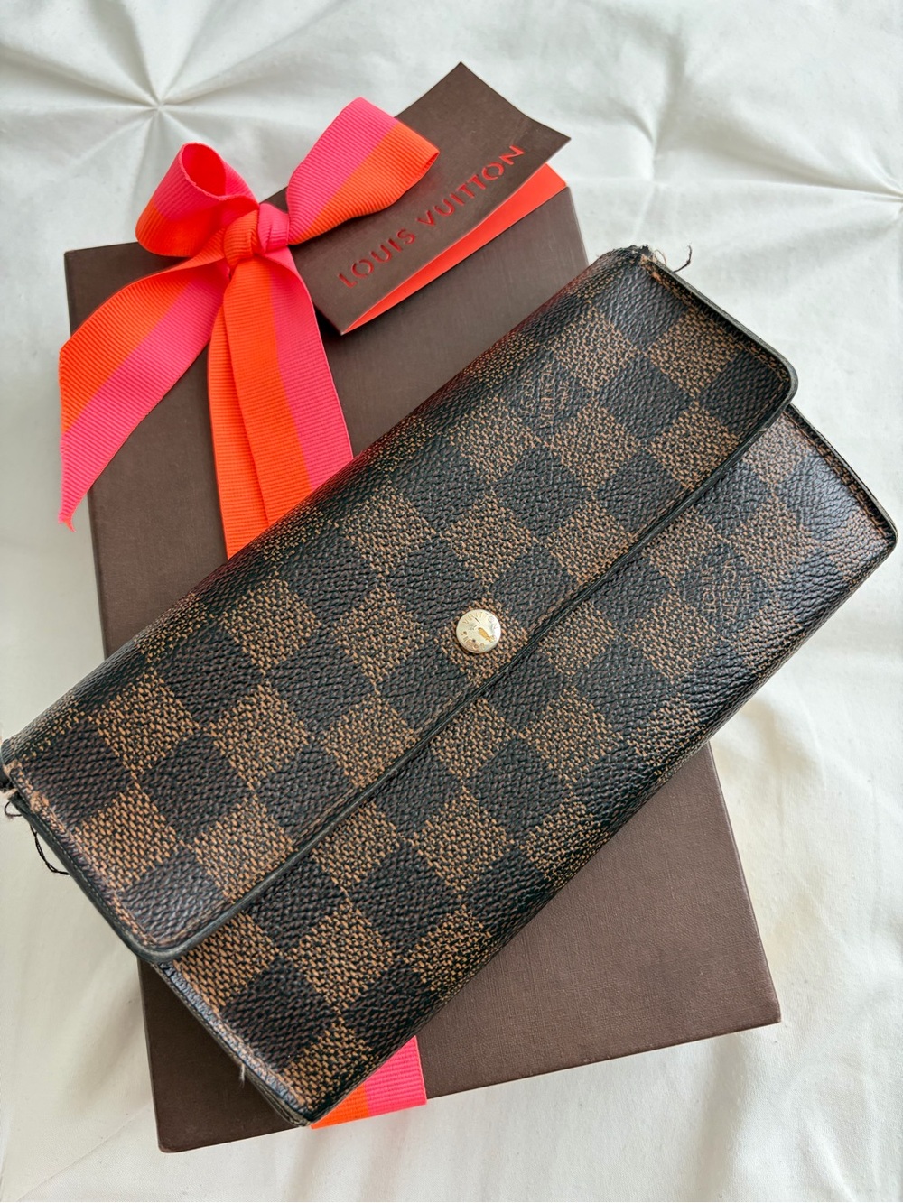 Louis Vuitton Damier Ebene Checkered Long Wallet - Brown & Dark Brown